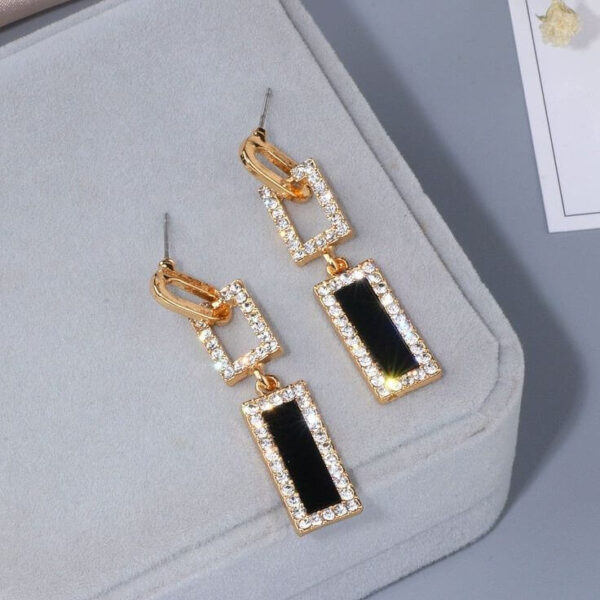 S925 Rhinestone Rectangle Drop Earrings-Black Crystal Earrings